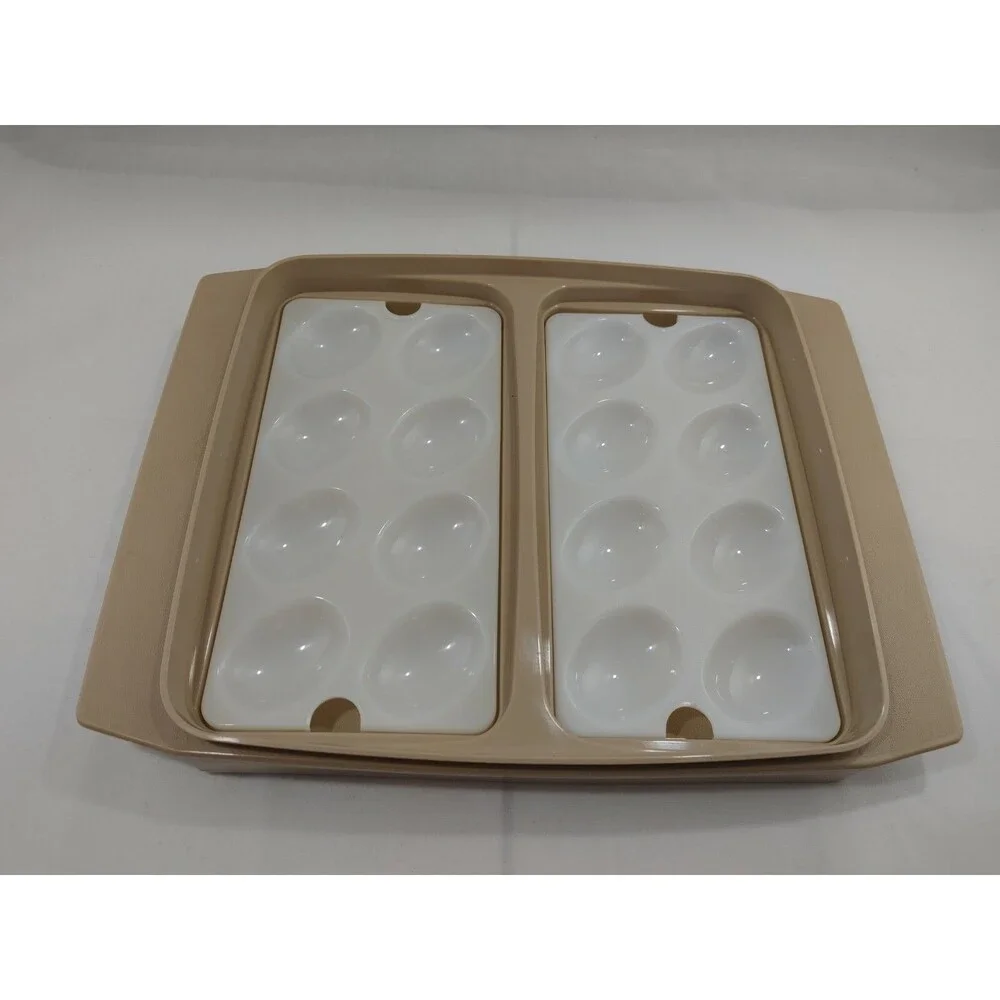 Vintage Tupperware Deviled Egg Keeper Carrier Almond Tan 723-3 Tray Lid Inserts